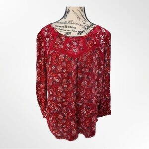 Mason & Belle Long Sleeve Red Floral Peasant Blouse Lace Accents NWT Size S